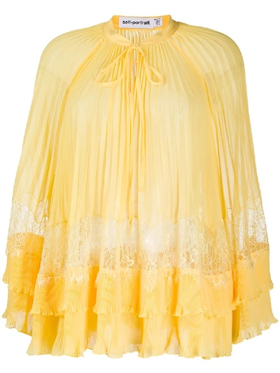 Self-portrait Lace-detail Pleated Chiffon Blouse In Yellow