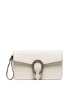 Gucci Dionysus Crystal Buckle Leather Clutch In White