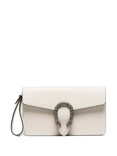 Gucci Dionysus Crystal Buckle Leather Clutch In White