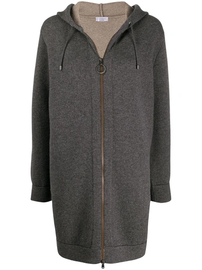 Brunello Cucinelli Elongated Zipped Hooded Cardigan In Grey