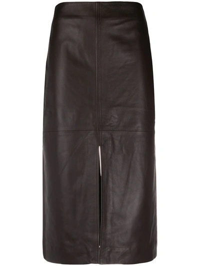 Co Split Lambskin Leather Pencil Skirt In Brown