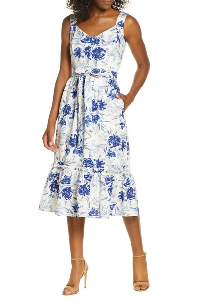 Donna Ricco Floral Sleeveless A-line Dress In Ivory/ Blue
