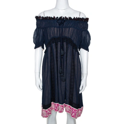 Pre-owned Chloé Navy Blue Embroidered Ruffle Crinkled Chiffon Off Shoulder Dress S