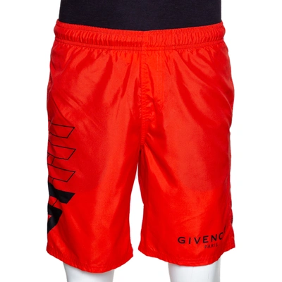 Pre-owned Givenchy Neon Orange Synthetic Logo Printed Track Shorts M