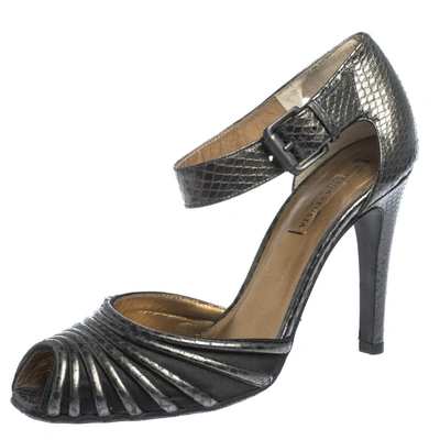 Pre-owned Bottega Veneta Grey Python Embossed Leather And Satin Ankle Strap Peep Toe Ankle Cuff Sandals Size 37.5