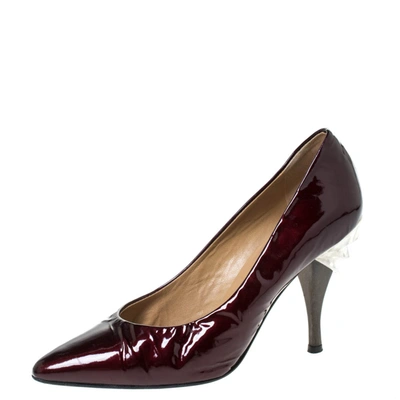 Pre-owned Casadei Burgundy Patent Leather Pointed Toe Embellished Heel Pumps Size 38