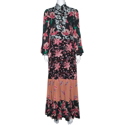 Pre-owned Gucci Black Floral Print Crepe Flared Maxi Dress M