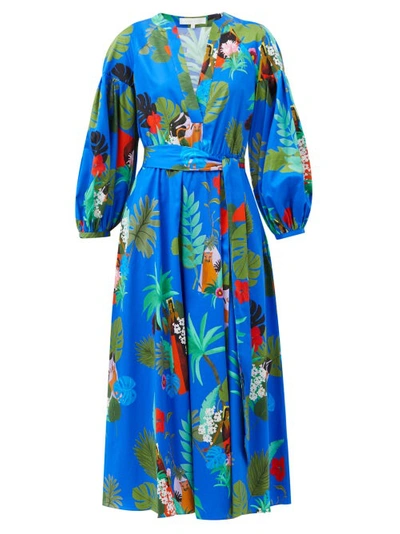 Borgo De Nor Mia Gathered Printed Cotton-poplin Midi Dress In Blue Multi