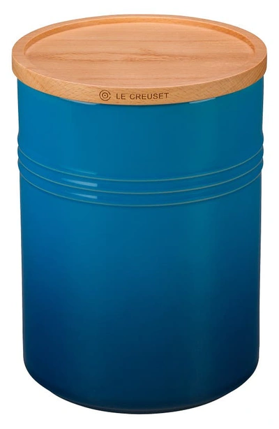 Le Creuset Glazed 22 Ounce Stoneware Storage Canister With Wooden Lid In Marseille