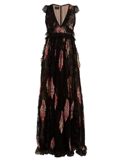 Giambattista Valli Ruffled Floral-print Cotton-blend, Guipure And Chantilly Lace Gown In Black Multi