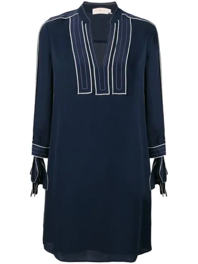 Tory Burch Silk Tunic Georgette Dress With 3/4 Tie-sleeves In Blue