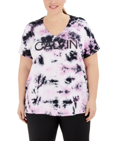 Calvin Klein Performance Plus Size V-neck Tie-dyed Logo T-shirt In Kensington Sakura Combo