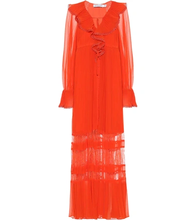 Self-portrait Lace-detail And Ruffles Pleated Chiffon Maxi Dress In Orange