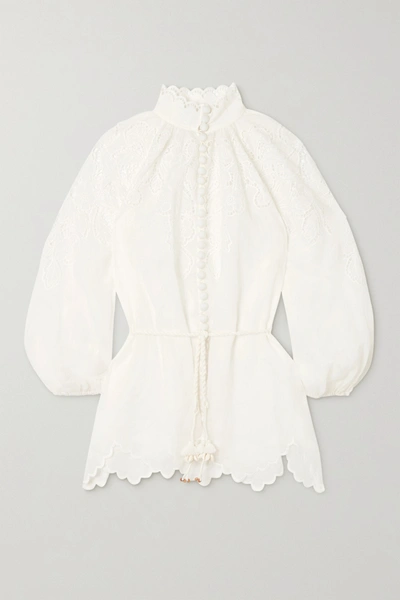 Zimmermann Carnaby Belted Broderie Anglaise Ramie Blouse In Ivory