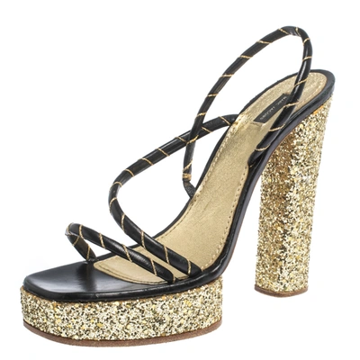Pre-owned Marc Jacobs Black/gold Leather And Glitter Fabric Slingback Platform Sandals Size 40