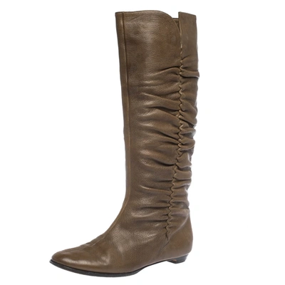 Pre-owned Jimmy Choo Brown Leather Pleat Detail Knee High Boots Size 38.5