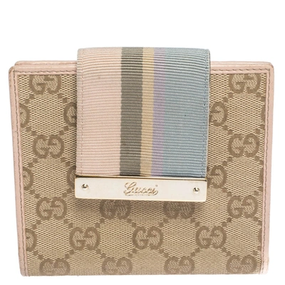 Pre-owned Gucci Beige/pink Gg Canvas French Flap Wallet