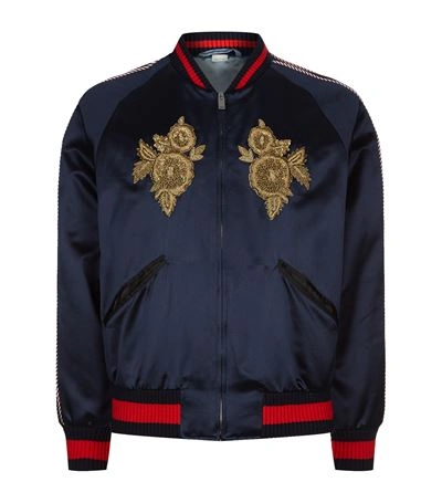 Gucci Floral-embroidered Satin Bomber Jacket In Navy | ModeSens
