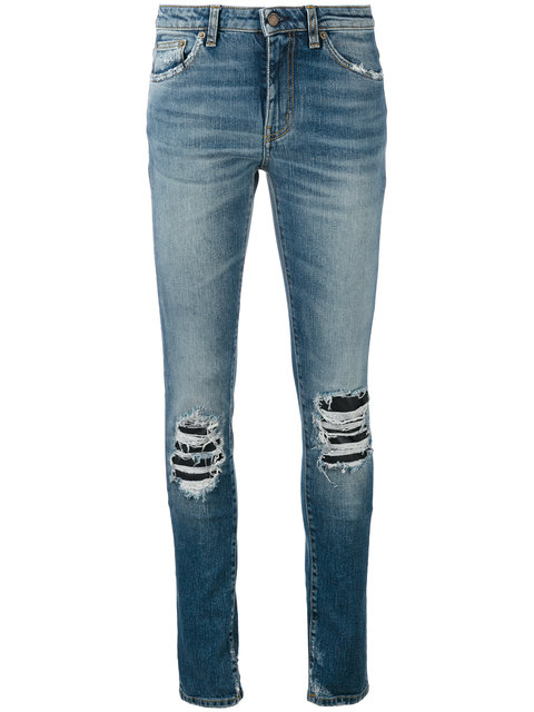 Saint Laurent Ripped Detail Jeans - Blue | ModeSens