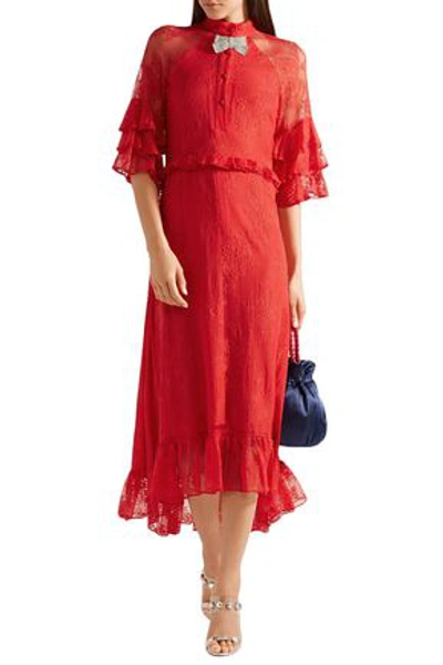 Dodo Bar Or Crystal-embellished Ruffled Stretch-lace Midi Dress In Red