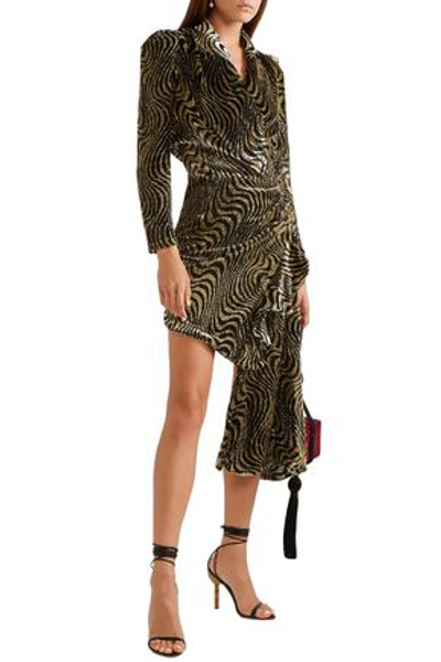 Dodo Bar Or Wrap-effect Ruched Metallic Velvet-jacquard Mini Dress In Gold