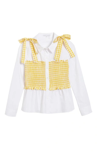 English Factory Gingham Smocked Button-up Shirt In White/ Dandelion