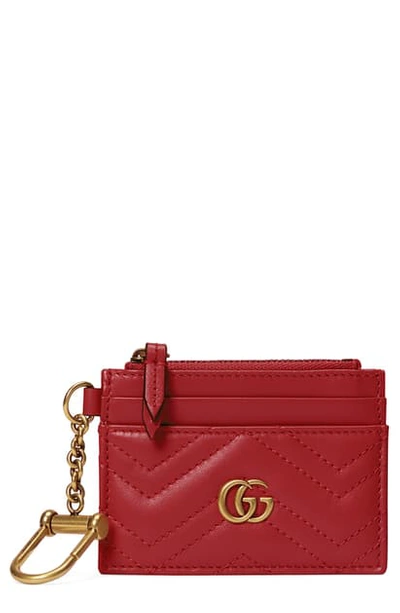 Gucci Gg 2.0 Key Chain Matelasse Leather Card Case In Hibiscus Red