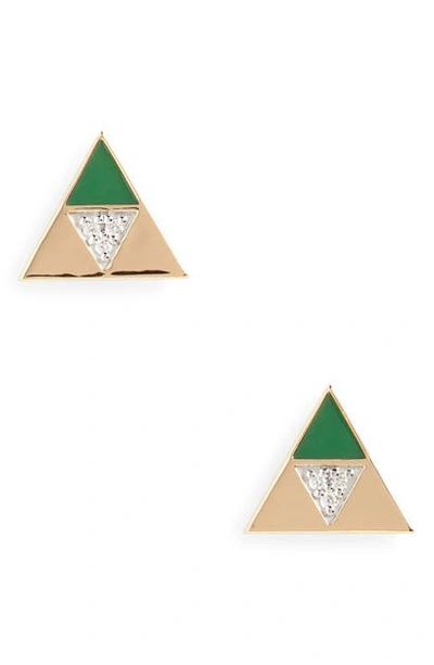 Harwell Godfrey Enamel & Diamond Triangle Stud Earrings In Yellow Gold/ Diamond/ Green