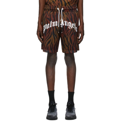 Palm Angels Tiger & Logo Print Tech Mesh Shorts In Brown