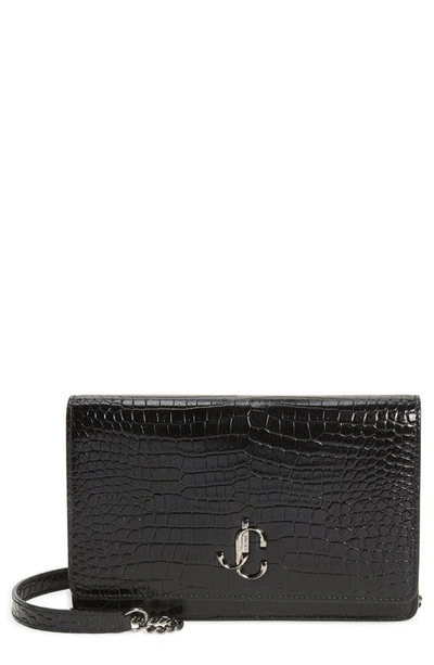 Jimmy Choo Palace Croc Embossed Leather Clutch In Black