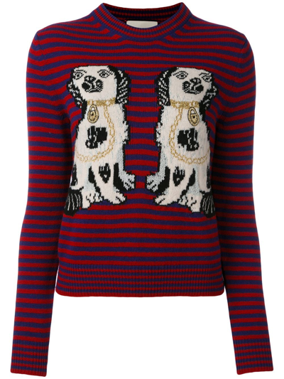 Gucci Striped Wool Sweater With King Spaniel Intarsia, Blue In Red