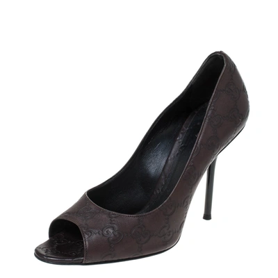 Pre-owned Gucci Ssima Leather Peep Toe Pumps Size 38 In Brown
