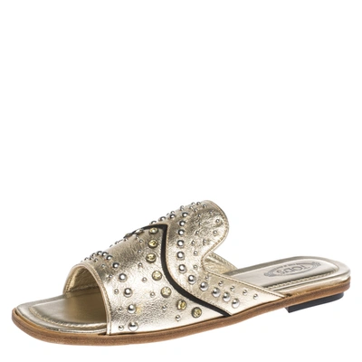 Pre-owned Tod's Metallic Gold Leather Studded Flat Slides Size 37.5