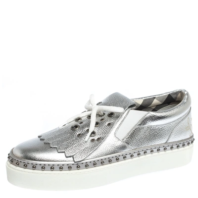 Pre-owned Burberry Metallic Silver Kiltie Fringe Detail Slip On Sneakers Size 37.5