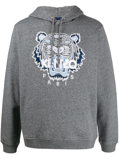 Kenzo Tiger Embroidered Hoodie In Grey,white,light Blue