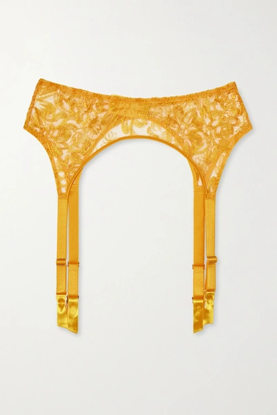 Myla Columbia Road Satin-trimmed Embroidered Tulle Suspender Belt In Yellow