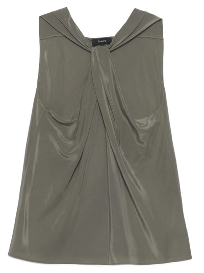 Theory Twist-front Washed-silk Top In Green