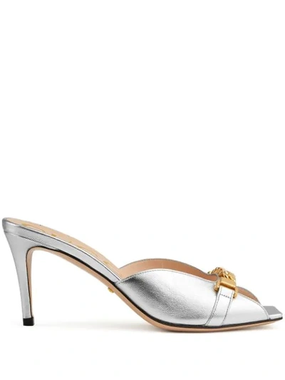 Gucci Women's Mid-heel Slide With Chain In Silver Metallic Leather