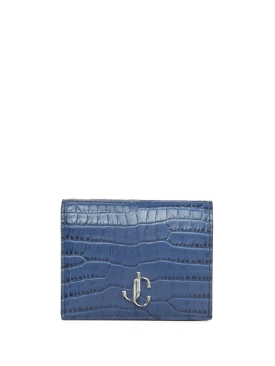 Jimmy Choo Hanne Denim Croc-embossed Leather Wallet With Jc Emblem In Blue