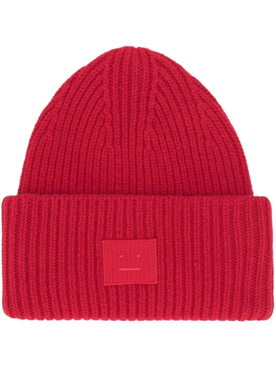 Acne Studios Pansy Face Patch Rib-knitted Wool Beanie In Ribbed Beanie Hat