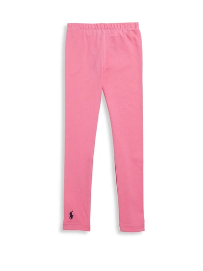 Ralph Lauren Kids' Girl's Stretch Cotton Logo Embroidered Leggings In Baja Pink/navy Pony