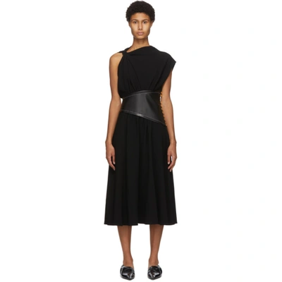 Proenza Schouler Leather Waist Asymmetrical Crepe Midi Dress In Black