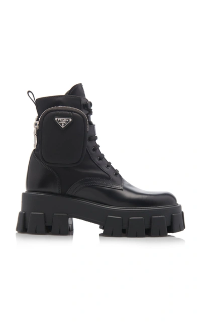 Prada Pouch-detailed Leather Lace-up Boots In Black