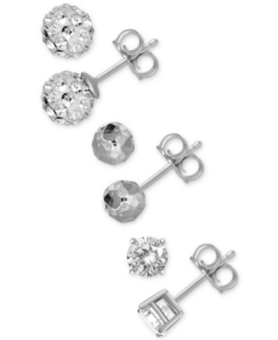 Essentials 3-pc. Set Cubic Zirconia, Hammered-look And Crystal Ball Stud Earrings In Silver-plate