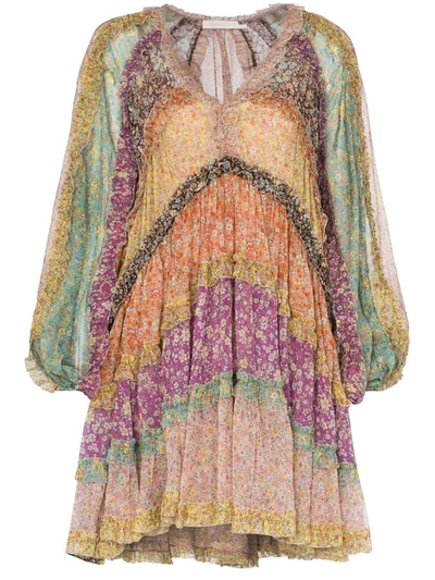 Zimmermann Carnaby Ruffled Tiered Floral-print Silk Crepe De Chine Mini Dress In Green