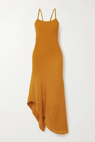 Savannah Morrow The Label The Morocco Asymmetric Crinkled Ramie Midi Dress In Saffron