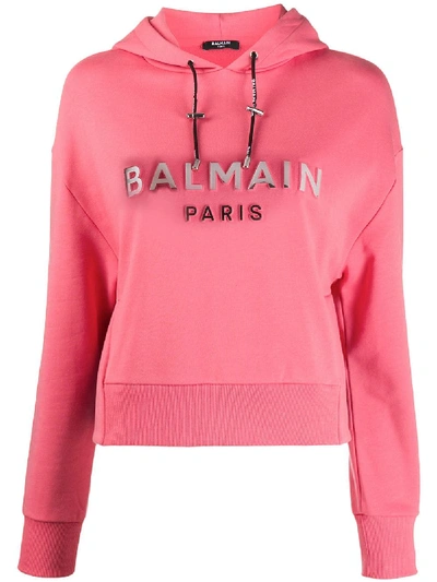 Balmain Mirrored Logo Cropped Hoodie In Pink