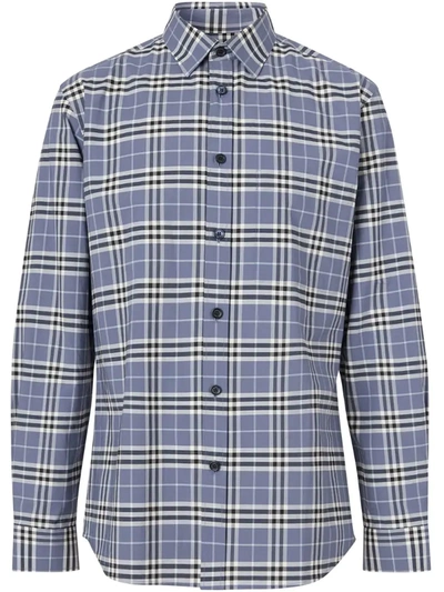 Burberry Simpson Check Button-up Stretch Cotton Shirt In Blue