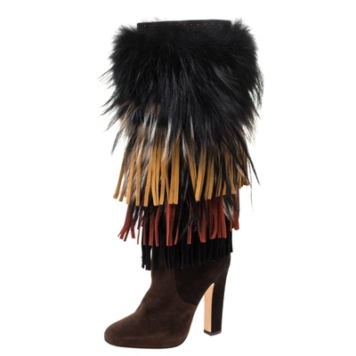 Pre-owned Jimmy Choo Brown Suede And Fox Fur Trimmed Dalia Knee High Boots Size 38.5