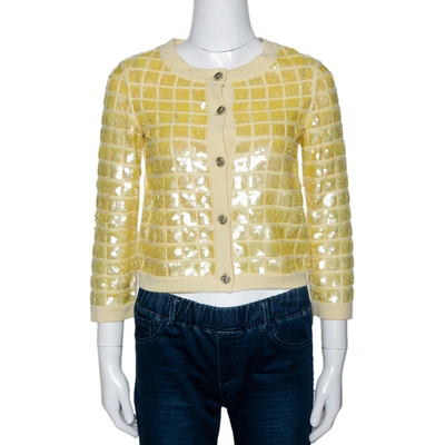 Pre-owned Chanel Yellow Sequined Cashmere Button Front Cardigan S